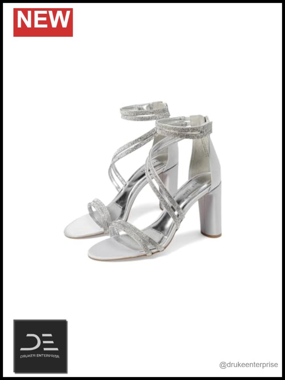 Women's Rhinestone Block Heel Sandals with Ankle Strap and Zip Closure